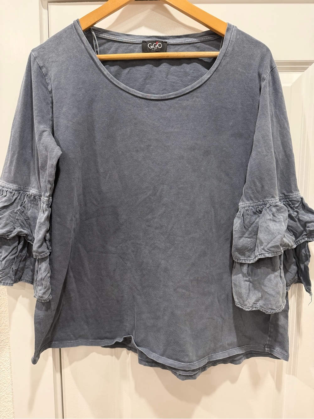 GigoO Women's Washed Blue Ruffle Sleeve Top